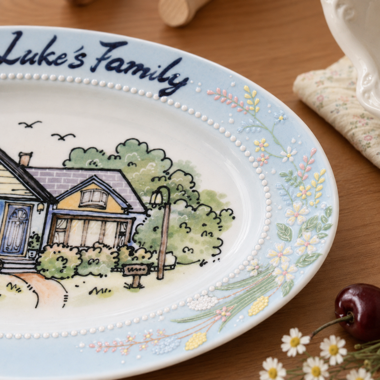 Custom Oval House Portrait Plate with Blue Floral Border - Image 6