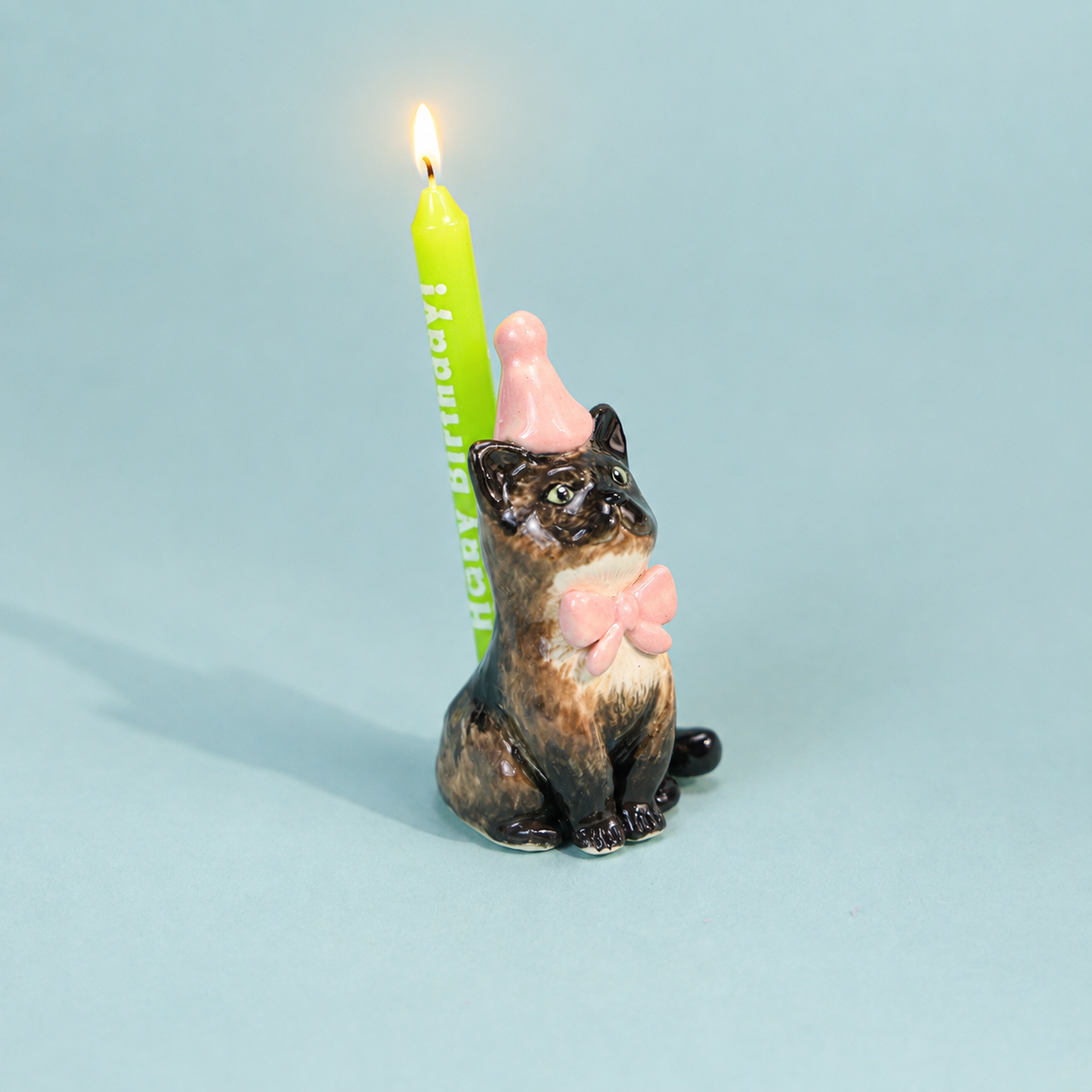 Hand-Painted Black Cat Cake Topper Candle Holder with Pink Party Hat - Image 3
