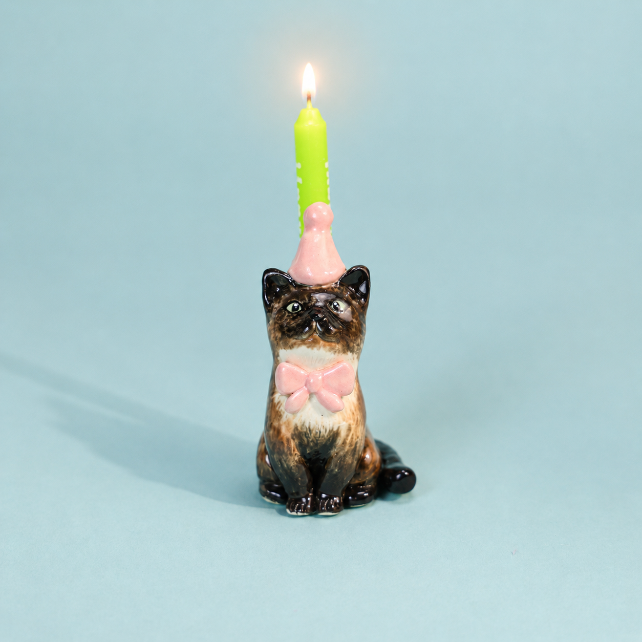 Hand-Painted Black Cat Cake Topper Candle Holder with Pink Party Hat - Image 2