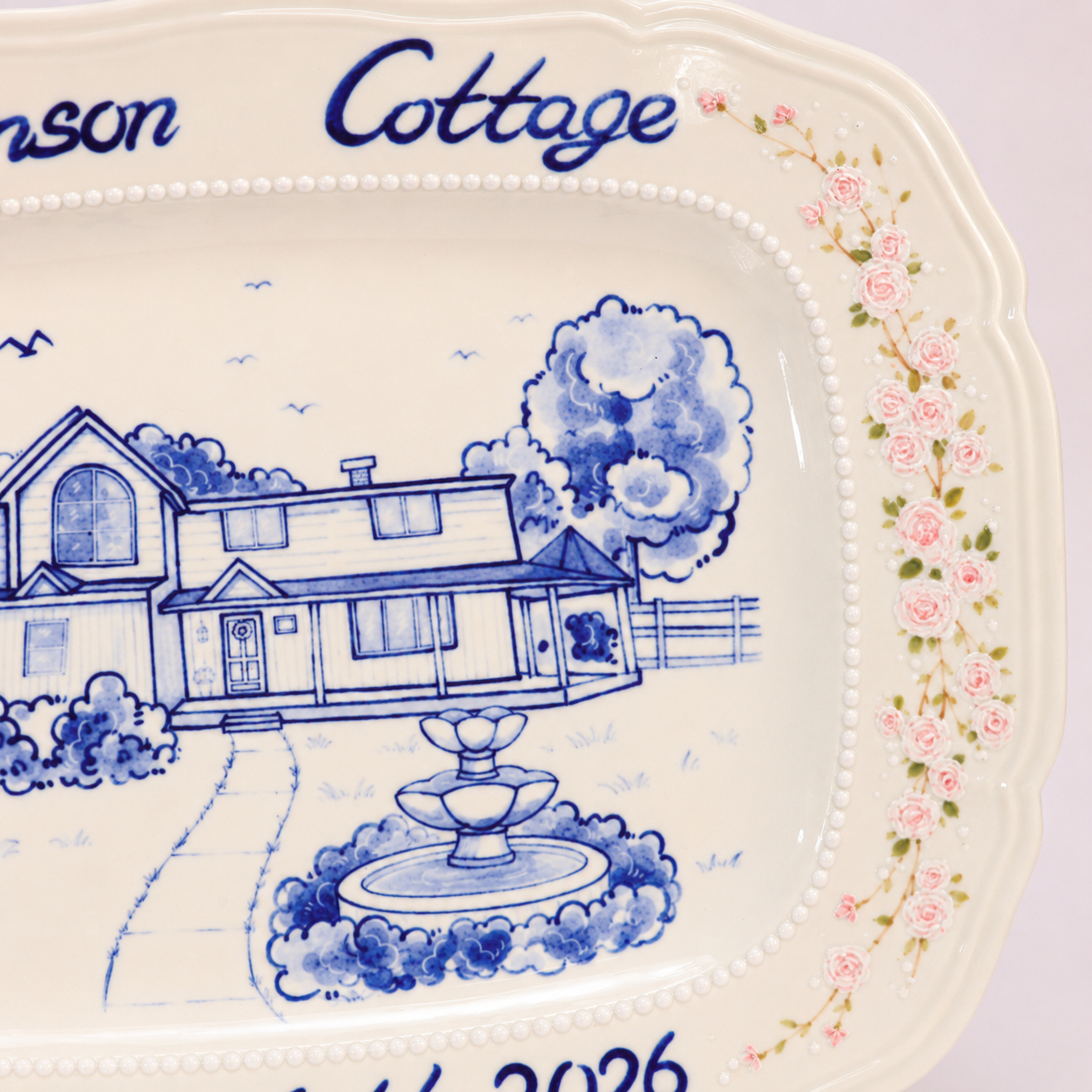 Custom Rectangular House Portrait Plate with Blue Floral Border - Image 4