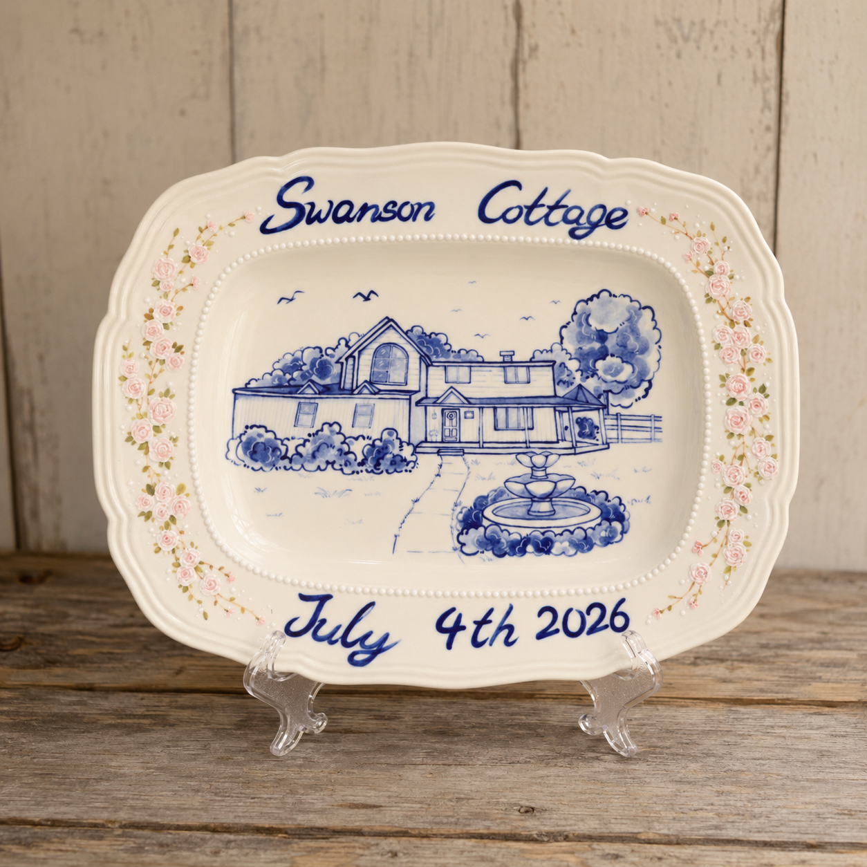 Custom Rectangular House Portrait Plate with Blue Floral Border - Image 3