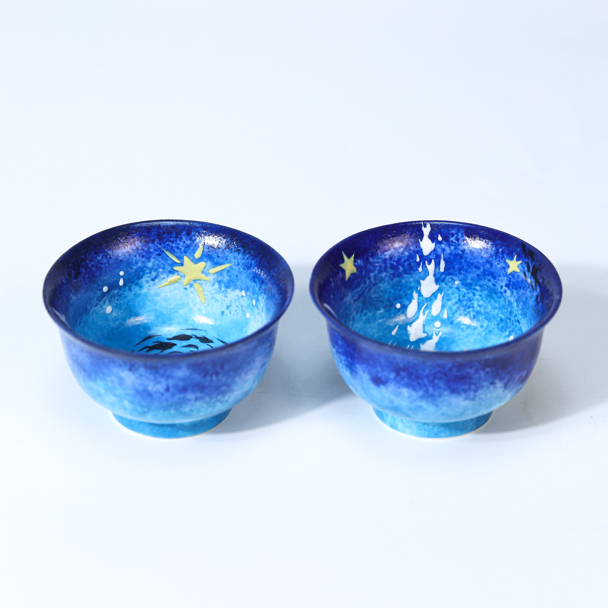 Hand-painted blue galaxy starry night ceramic cup with gold star details