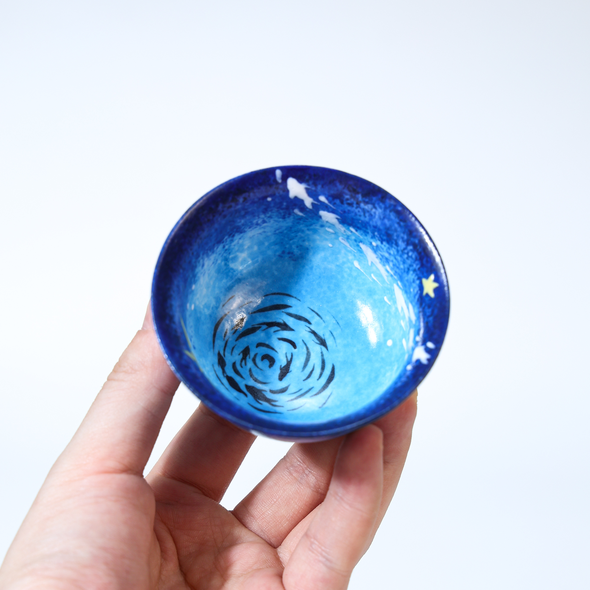 Hand-painted blue galaxy starry night ceramic cup with gold star details