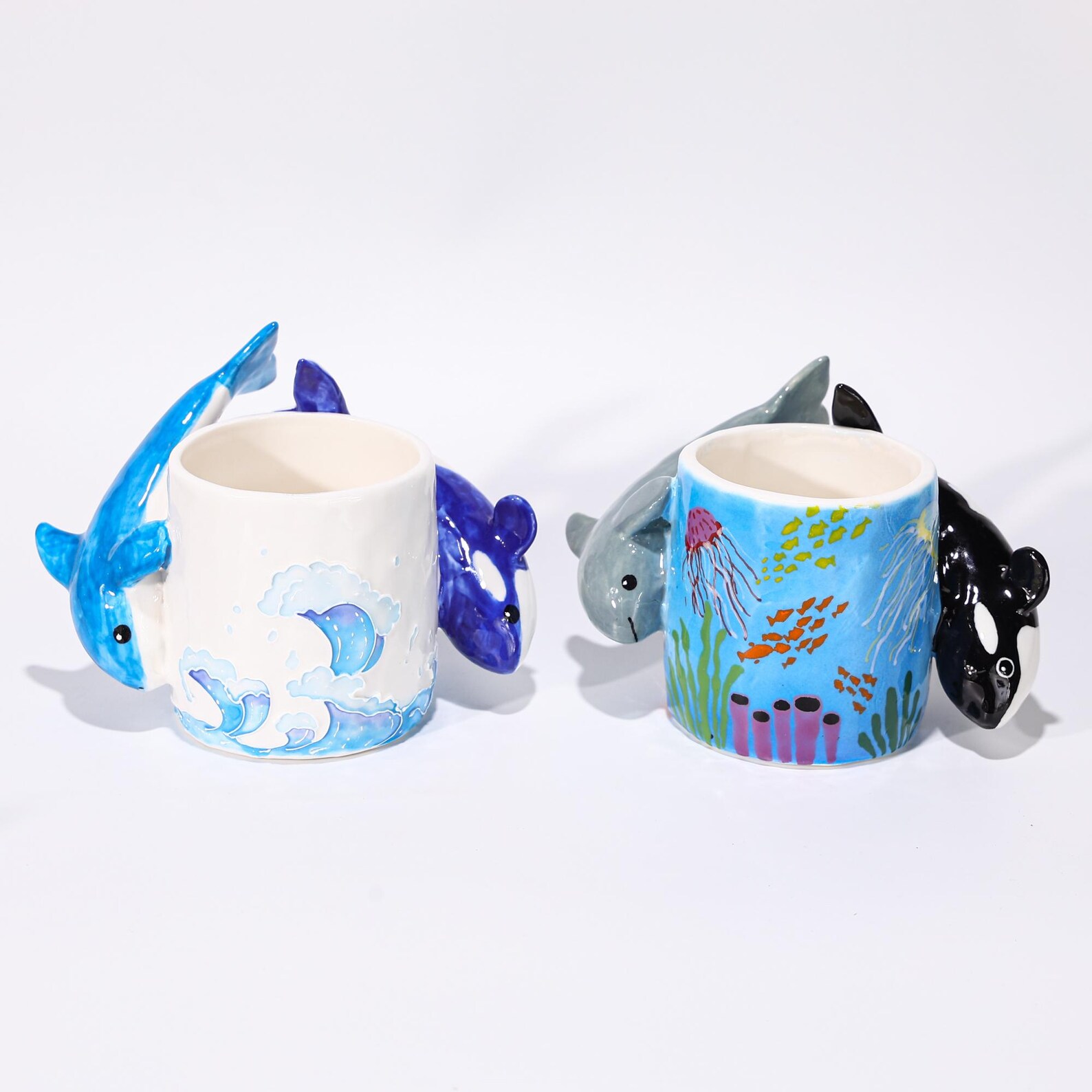 Orca and dolphin coral reef ceramic mug - detail view