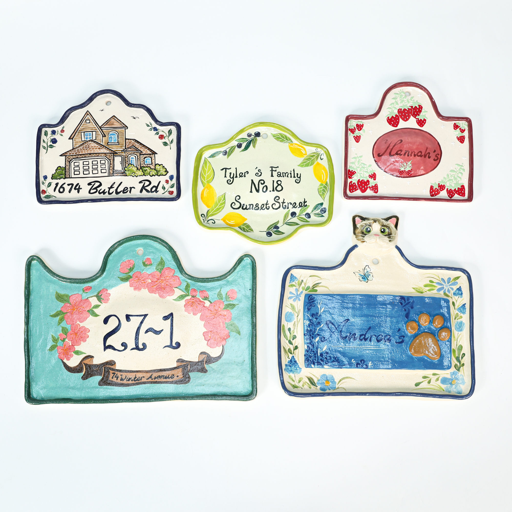 Five personalized hand-painted ceramic plaque and serving plate designs by Lychee Legacy